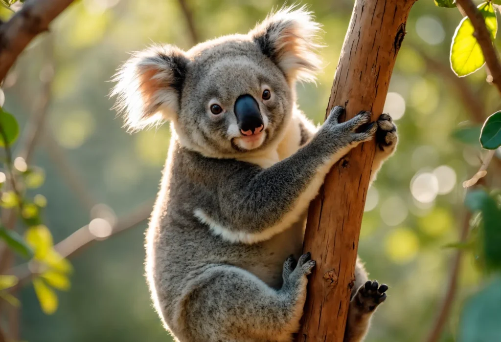 Coala adorável subindo em uma árvore, com um sorriso fofo e olhos curiosos, em um ambiente natural iluminado