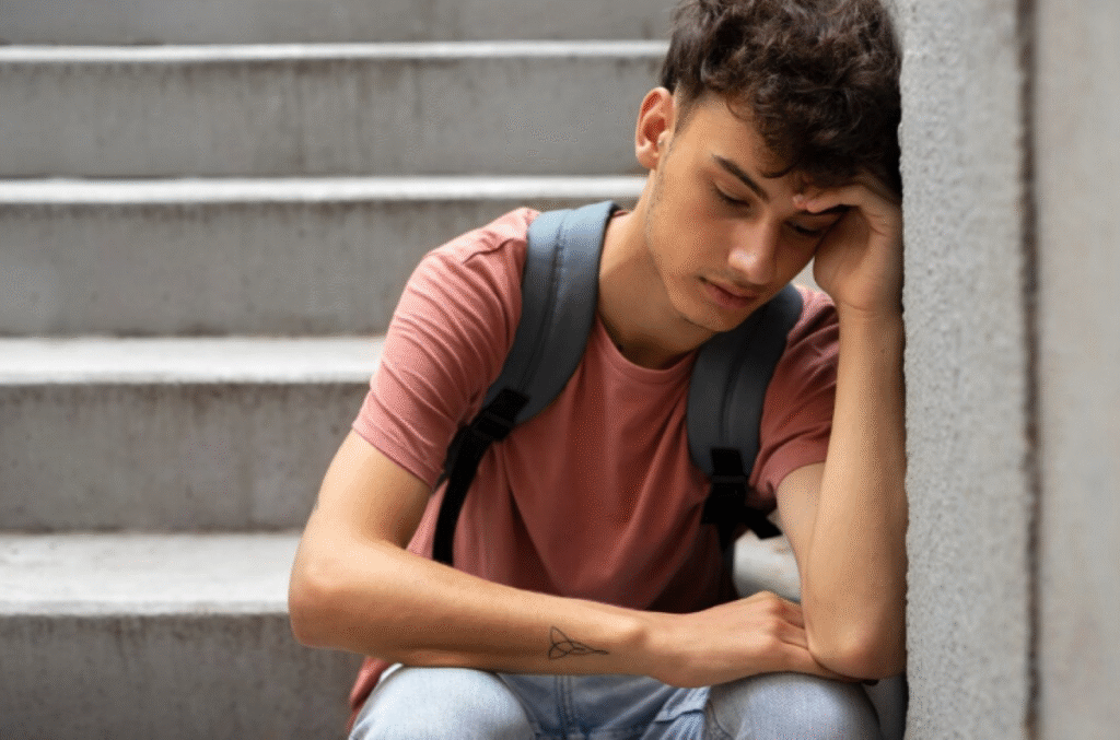 Jovem sentado no chão com expressão pensativa e preocupada, representando a infelicidade da geração atual