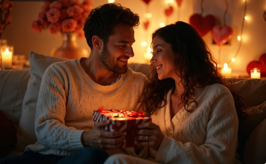 Casal sorrindo e trocando presente em ambiente decorado para o Dia dos Namorados