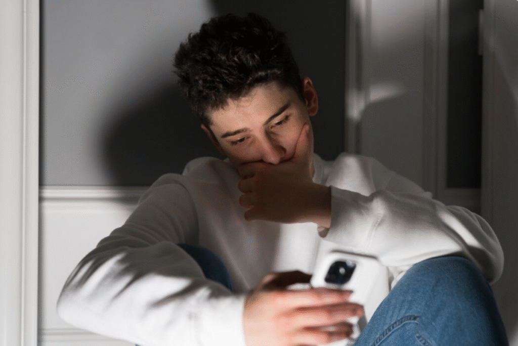 Jovem pensativo olhando para o celular, sentado no chão com expressão de cansaço digital