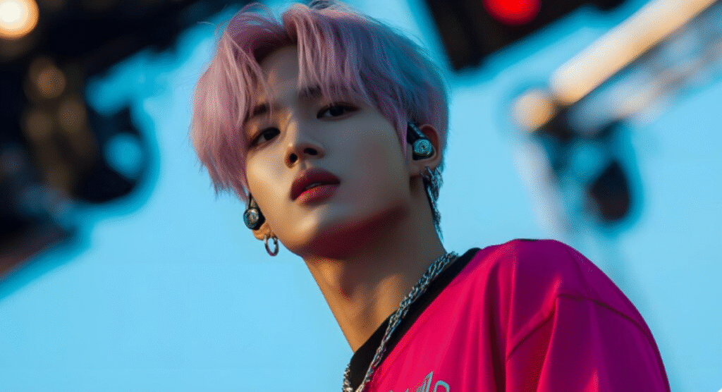 Cantor de K-Pop em apresentação ao ar livre com cabelo rosa