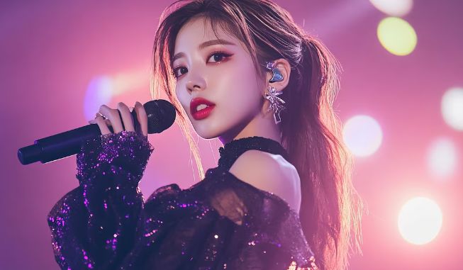 Cantora de K-Pop se apresentando em palco iluminado com figurino brilhante