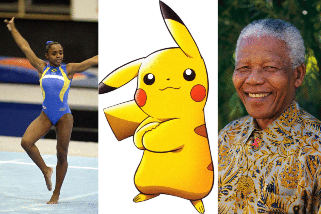 Três símbolos do Efeito Mandela: Daiane dos Santos, Pikachu e Nelson Mandela
