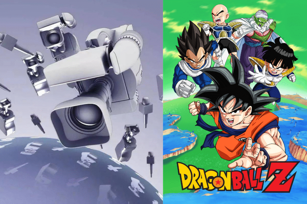 Cena clássica de Dragon Ball Z ao lado da estética do plantão jornalístico da Globo