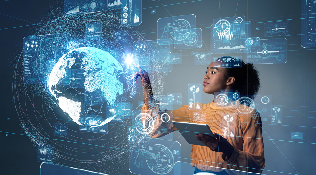 Mulher interagindo com tecnologia avançada, representando a presença da inteligência artificial no cotidiano.