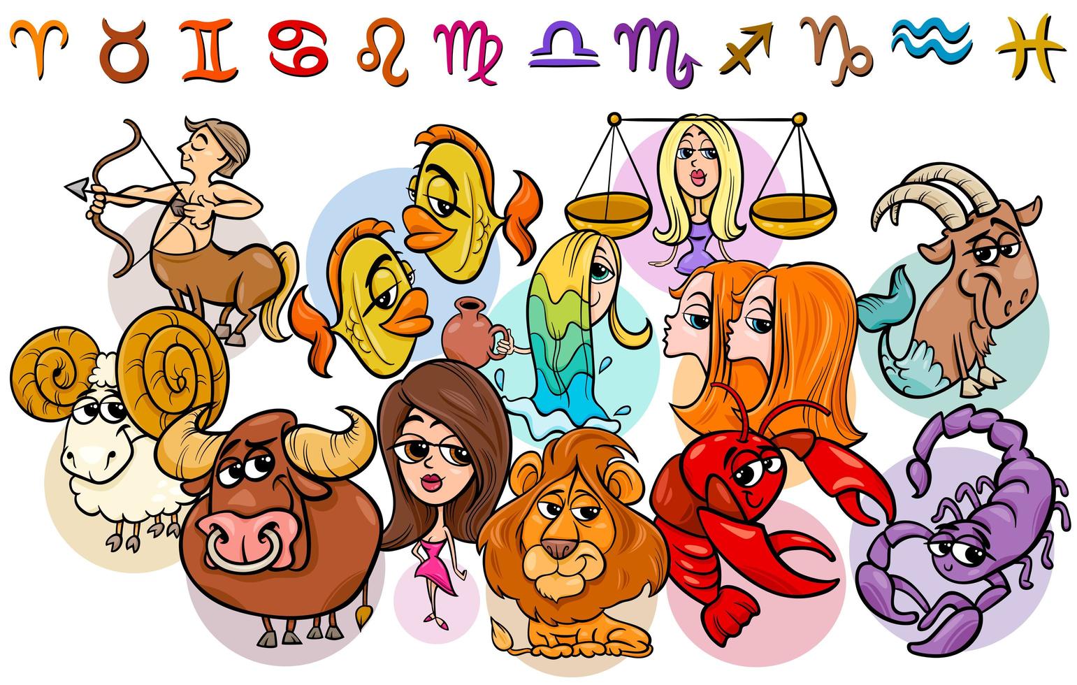 Ilustração divertida do zodíaco com os 12 signos do horóscopo representados por personagens caricatos.