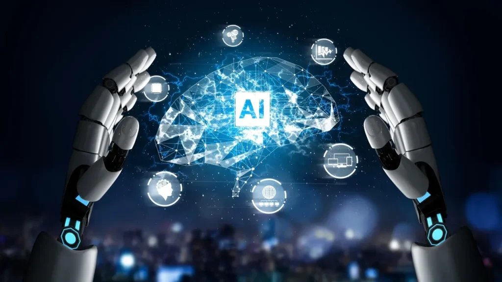 Ilustração de inteligência artificial-IA, representada por um cérebro digital, rodeado por ícones simbolizando a transformação digital e tecnológica no mundo atual