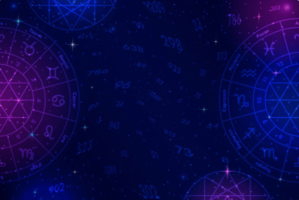 Mapa astral com signos do zodíaco em fundo estrelado com tons de roxo e azul