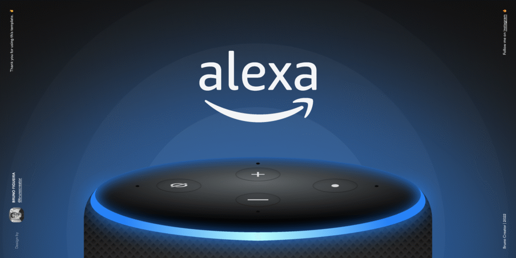 Imagem do dispositivo Amazon Alexa com fundo escuro e luz azul, representando a tecnologia de assistente virtual Alexa.