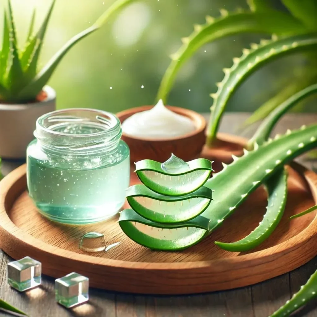 Gel e folhas frescas de Aloe Vera com um fundo natural e suave.