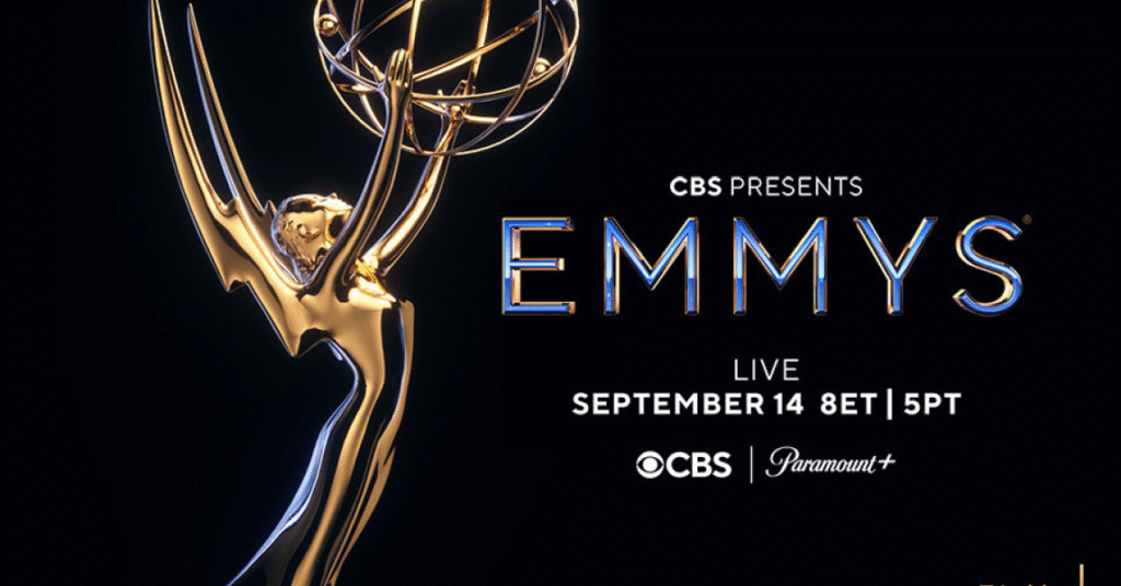 Estátua do Emmy Awards 2025, com logo e detalhes de data e canais CBS e Paramount+.