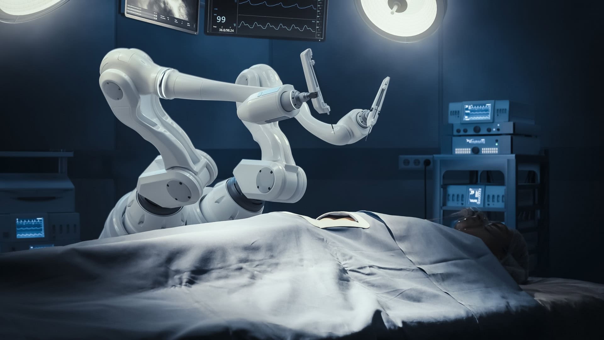 Robô cirúrgico realizando procedimento autônomo com assistência de IA em ambiente hospitalar.
