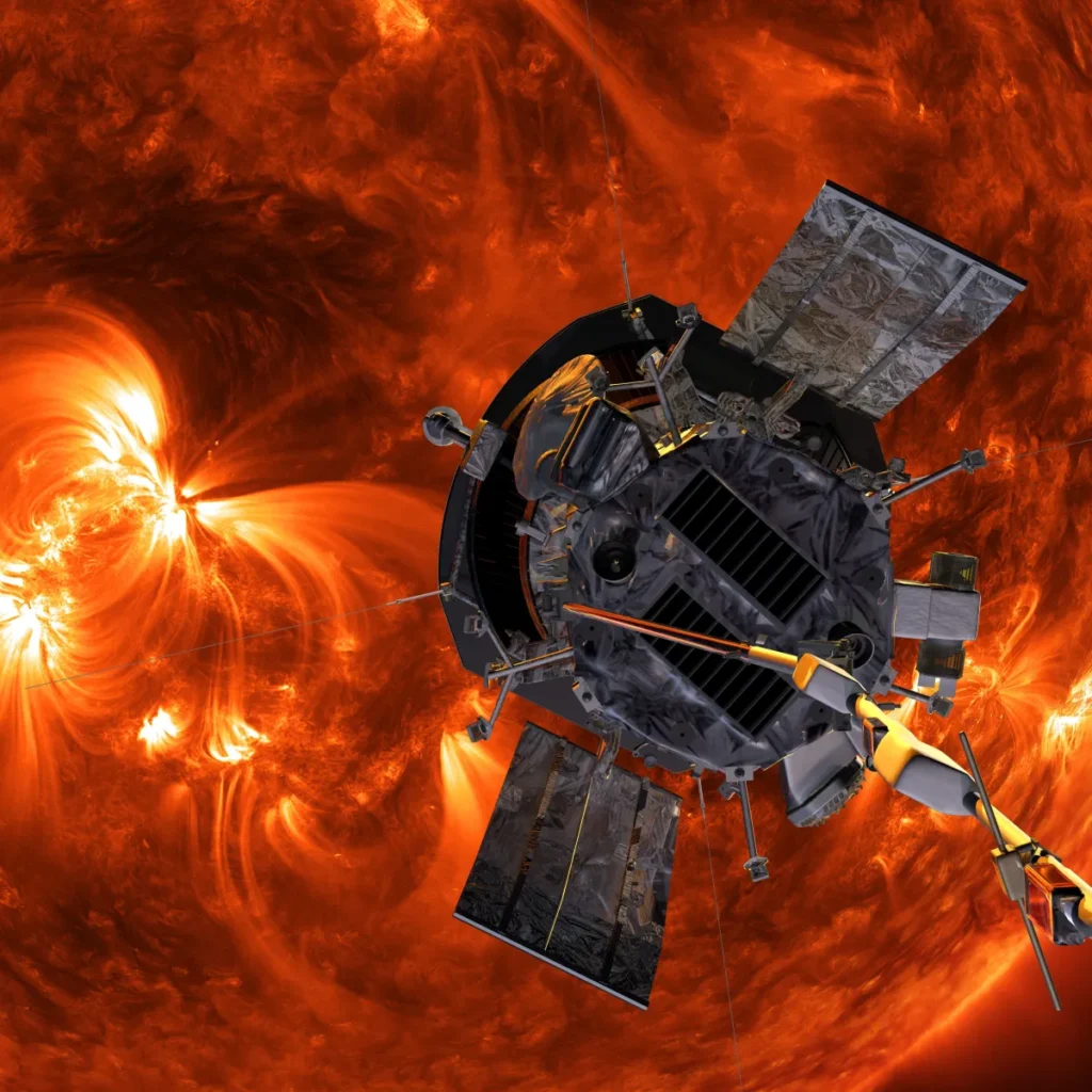 Imagem da sonda Parker Solar Probe da NASA próxima ao Sol, capturando os detalhes das suas atividades solares intensas.